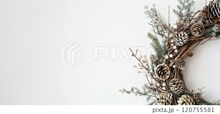 Elegant Rustic Christmas Wreath with Pinecones, Evergreen Branches, White Berries on Light Background for Festive Decor, Winter Decoration Concept Elegant Rustic Christmas Wreath with Pinecones, Evergreen Branches, White Berries on Light Background for Festive Decor, Winter Decoration Concept 120755581