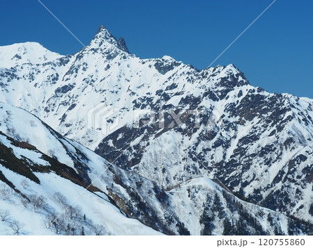 北アルプス・燕岳から望む残雪の槍ヶ岳 北アルプス・燕岳から望む残雪の槍ヶ岳 120755860
