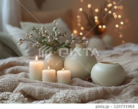 温かな灯りと自然素材が彩る冬のインテリア 120755968