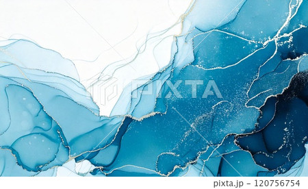 高級感のある大理石風背景イラスト マーブル模様アルコールインクアート 水色 ゴールド 素材 AI生成 120756754