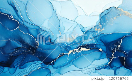 高級感のある大理石風背景イラスト マーブル模様アルコールインクアート 水色 ゴールド 素材 AI生成 120756763