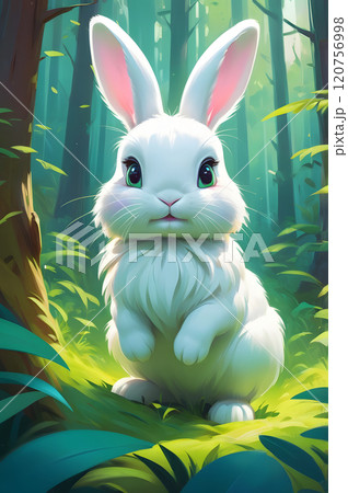 cute_fluffy_white_bunny_in_green_forest	 120756998