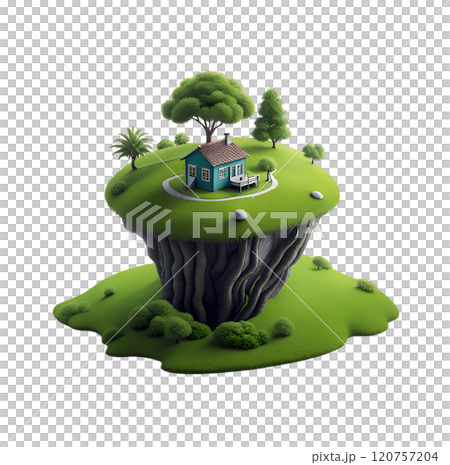 3D model of a house that sits on a hill and has a lawn. 120757204
