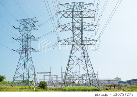 Electricity pylons . High voltage power poles. Electricity distribution network. 120757275