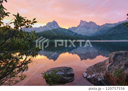 Sunset on mountain lake. Siberian nature reserve. Quiet and calm evening Sunset on mountain lake. Siberian nature reserve. Quiet and calm evening 120757556