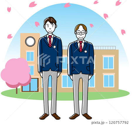校舎の前でポーズする二人の学生 120757792