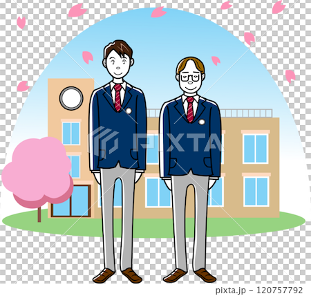 校舎の前でポーズする二人の学生 120757792