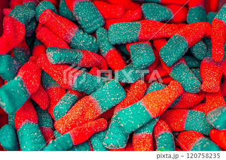 Assorted colorful gummy jelly candies. Top view. Jelly sweets. Assorted colorful gummy jelly candies. Top view. Jelly sweets. 120758235