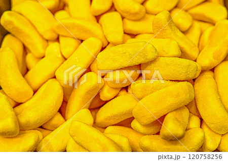 Assorted colorful gummy jelly candies. Top view. Jelly sweets. Assorted colorful gummy jelly candies. Top view. Jelly sweets. 120758256