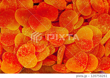 Assorted colorful gummy jelly candies. Top view. Jelly sweets. 120758261