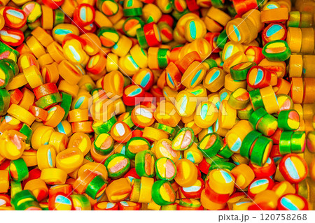 Assorted colorful gummy jelly candies. Top view. Jelly sweets. Assorted colorful gummy jelly candies. Top view. Jelly sweets. 120758268