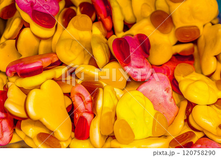 Assorted colorful gummy jelly candies. Top view. Jelly sweets. 120758290