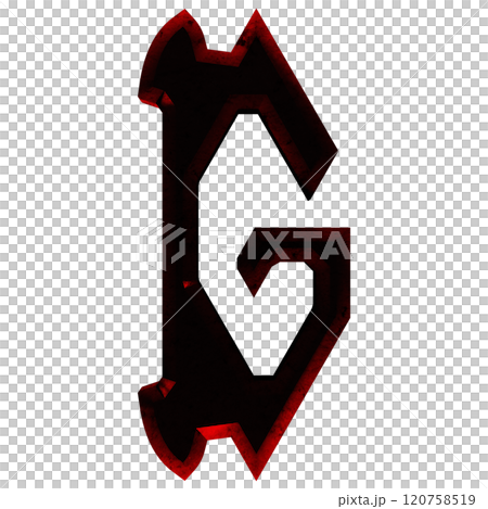 Decorative grunge letter in dull red light. Art font on black background. 120758519