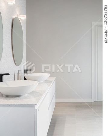 Modern minimalist bathroom with sleek design and elegant fixtures Modern minimalist bathroom with sleek design and elegant fixtures 120758765
