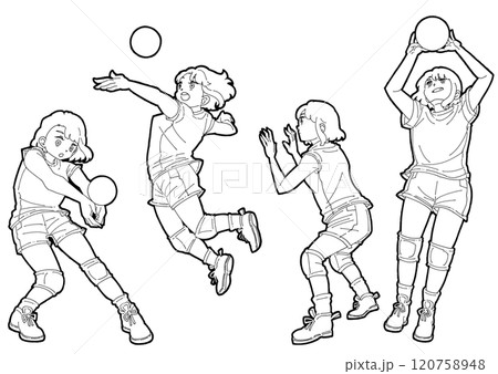 バレーボールをする女の子のイラストセット バレーボールをする女の子のイラストセット 120758948