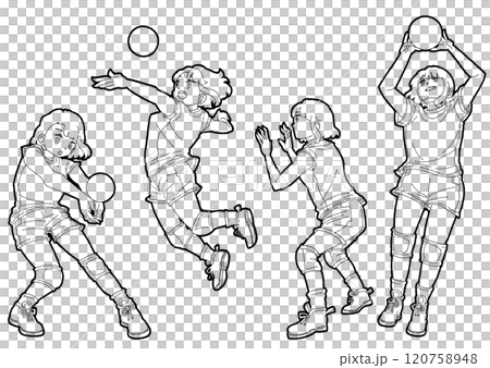 バレーボールをする女の子のイラストセット バレーボールをする女の子のイラストセット 120758948