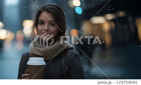 雪の降る都会の街でコーヒーを楽しむ若い女性 120759042