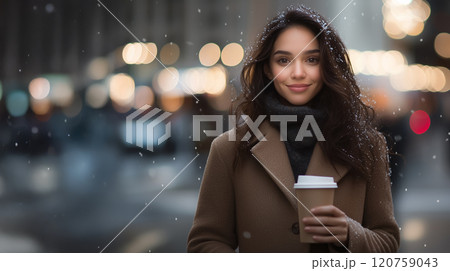 雪の降る都会の街でコーヒーを楽しむ若い女性 120759043