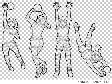 バレーボールをする女の子のイラストセット バレーボールをする女の子のイラストセット 120759118