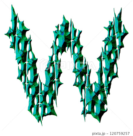 3D rendered illustration. Witchcraft style font. Divided rough letter. 120759257