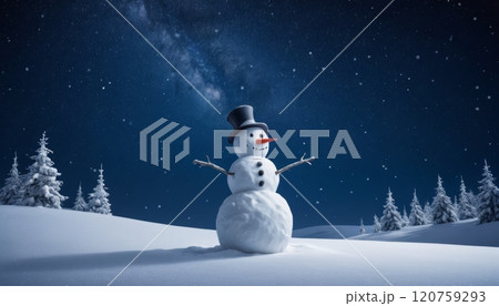 illustration of a snowy landscape at night with a smiling snowman 120759293