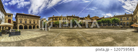 Panoramic view of Plaza Mayor, Poble Espanyol, Barcelona, Catalonia, Spain 120759565