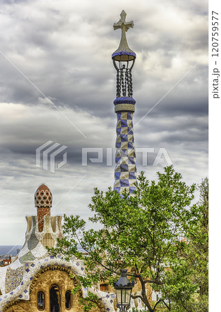 Modernist architecture in Park Guell, Barcelona, Catalonia, Spain 120759577