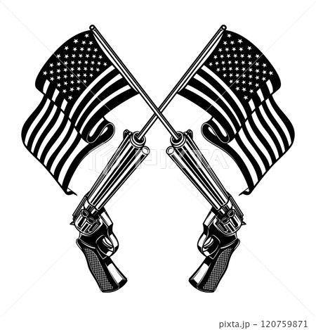 Illustration of crossed revolvers with american flag. Design element for logo, label, design. Vector illustration 120759871