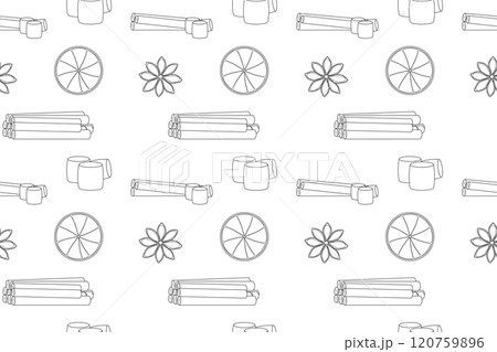 Seamless Outline Pattern of Spices, Citrus, and Marshmallows for Coloring 120759896
