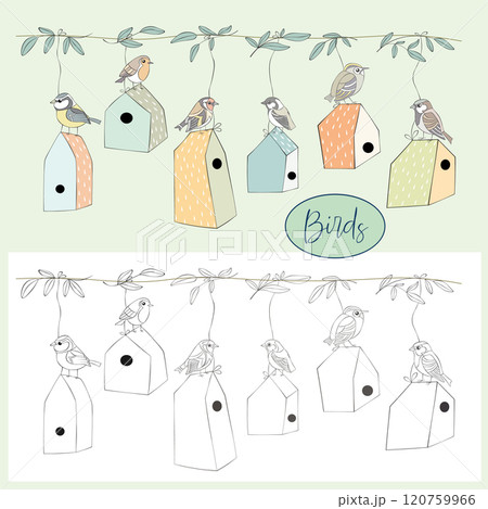 Bird house with birds colored and outlined flat vector illustration. Editable colors and background Bird house with birds colored and outlined flat vector illustration. Editable colors and background 120759966