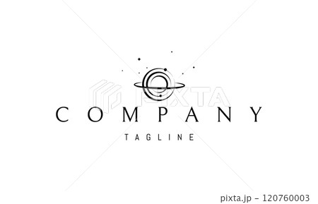 Vector logo with an abstract image of a planet with an orbit against a background of stars. 120760003