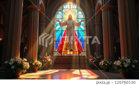 Stained glass window depicting Jesus Christ with outstretched arms, symbolizing Easter and Christian faith 120760130