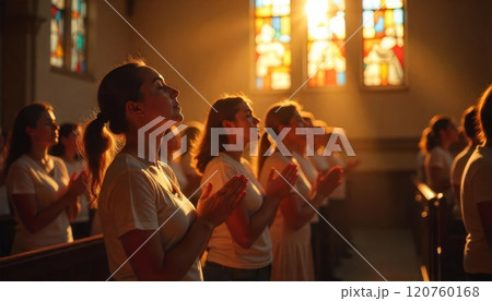 Congregants attend a worship service in a warmly lit church 120760168