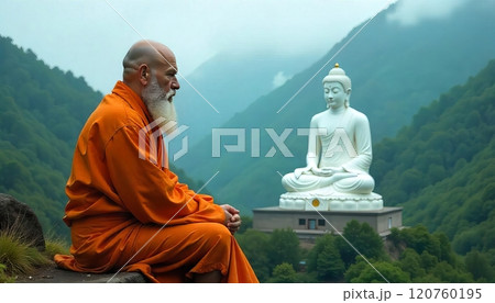 Monk meditates before large Buddha statue in misty mountains 120760195
