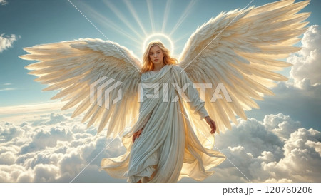 Guardian angel in heaven clouds. Archangel. Heavenly angelic spirit with wings. Illustration abstract white angel. Belief. Afterlife. Spiritual Angel. Blessing. Sky clouds with bright light rays. 120760206