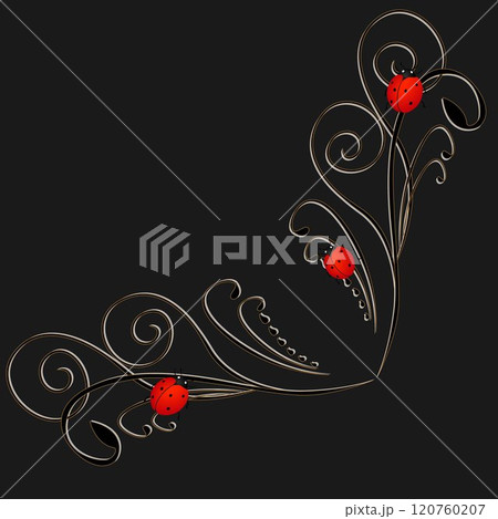 Corner with a red ladybugs on a black background. 120760207