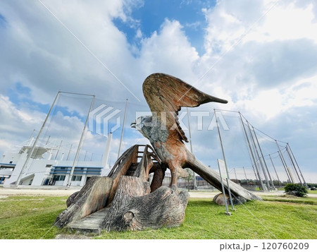 沖縄県宮古島　伊良部島にある大きな公園のサシバ型の滑り台 120760209