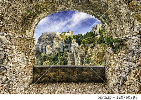 Rock balcony overlooking medieval Castle of Venus, Erice, Sicily, Italy Rock balcony overlooking medieval Castle of Venus, Erice, Sicily, Italy 120760295