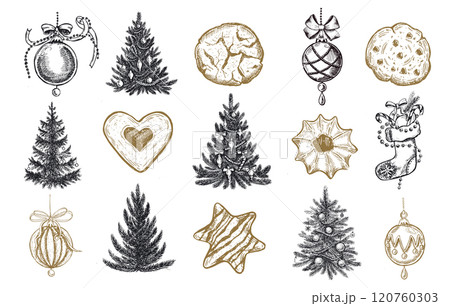 Christmas tree and ball set. Christmas ball set. Hand drawn illustration. Christmas tree and ball set. Christmas ball set. Hand drawn illustration. 120760303