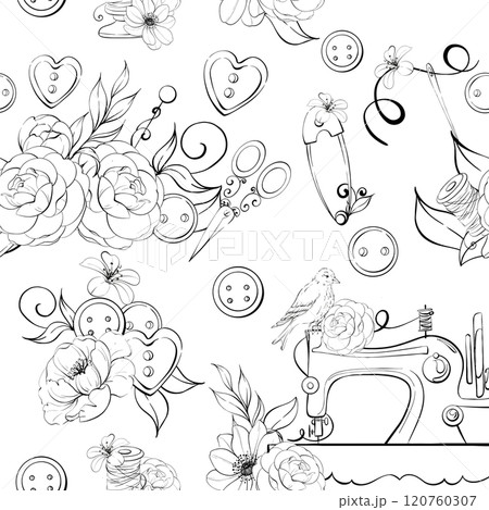 Vintage sewing machine with floral arrangement roses and anemone, bird. Retro tools - scissors, buttons, needles. Old fashion, dressmaker seamless pattern, background. Romantic and elegance tailor 120760307