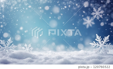 illustration of a winter themed greeting card with snow and snowflakes to recreate Christmas atmosphere 120760322