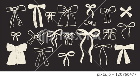 Crayon drawing bows set. Coquette ribbons collection for gift decoration. Marker style white bowknots pack isolated on black background. Vector illustration. Crayon drawing bows set. Coquette ribbons collection for gift decoration. Marker style white bowknots pack isolated on black background. Vector illustration. 120760477