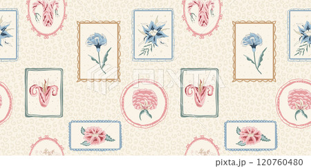 Farmhouse modern flower in retro vintage geometric frame endless background. Floral repeat cover with wildflower motif. Indian chintz seamless pattern. Vector hand drawn illustration. Farmhouse modern flower in retro vintage geometric frame endless background. Floral repeat cover with wildflower motif. Indian chintz seamless pattern. Vector hand drawn illustration. 120760480
