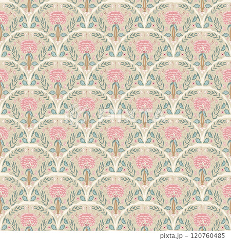 Indian chintz seamless pattern. Modern peony flower scallop endless background. Floral retro repeat cover. Farmhouse continuous ornament. Vector hand drawn surface pattern digital textile wildflower. Indian chintz seamless pattern. Modern peony flower scallop endless background. Floral retro repeat cover. Farmhouse continuous ornament. Vector hand drawn surface pattern digital textile wildflower. 120760485