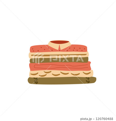 Pile of clothes isolated on white background. Stack of shirts and vests. Casual jackets and polo shirts set. Vector flat illustration. Pile of clothes isolated on white background. Stack of shirts and vests. Casual jackets and polo shirts set. Vector flat illustration. 120760488