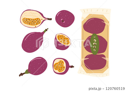 Passion fruits set. Vector exotic sweet food collection. Slice, whole and packed passionfruits. Hand drawn flat collection illustration isolated on white background. Passion fruits set. Vector exotic sweet food collection. Slice, whole and packed passionfruits. Hand drawn flat collection illustration isolated on white background. 120760519