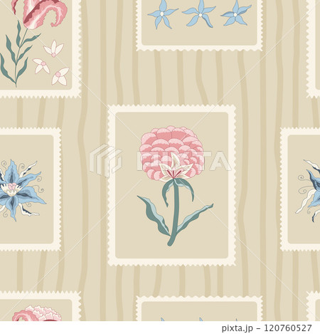 Plumeria and peony seamless pattern. Floral rustic repeat background cover. Surface pattern design flower in frame motif. Vector hand drawn illustration. Plumeria and peony seamless pattern. Floral rustic repeat background cover. Surface pattern design flower in frame motif. Vector hand drawn illustration. 120760527