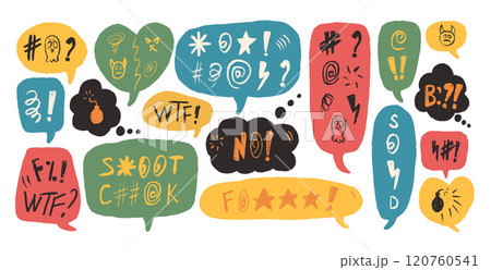 Speech bubbles with swear words. Curse colorful crayon drawing doodle text. Bad emotion expression on chat dialog boxes. Aggressive hate signs isolated on white background. Vector illustration Speech bubbles with swear words. Curse colorful crayon drawing doodle text. Bad emotion expression on chat dialog boxes. Aggressive hate signs isolated on white background. Vector illustration 120760541