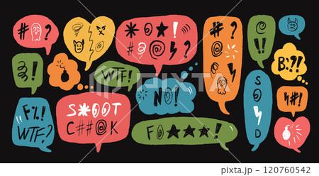 Speech bubbles with hate swear words. Crayon doodle text. Bad bulling expression on chat dialog boxes. Aggressive social media swearwords isolated on white background. Vector hand drawn illustration 120760542