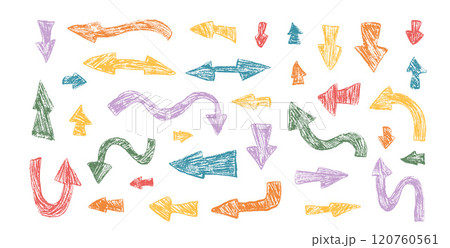 Colorful doodle arrows set crayon drawing. Chalk handwritten symbols. Pointers by pencil isolated on white background. Vector freehand scribble notes elements illustration Colorful doodle arrows set crayon drawing. Chalk handwritten symbols. Pointers by pencil isolated on white background. Vector freehand scribble notes elements illustration 120760561